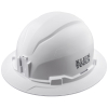 Hard Hat, Non-Vented, Full Brim Style, White, Safety hard hat has patent-pending accessory mounts on front and back ensure optional Klein Headlamps attach securely and precisely, every time — no straps or zip ties needed