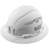 Hard Hat, Vented, Full Brim Style, White, Safety hard hat has patent-pending accessory mounts on front and back ensure Klein Headlamps attach securely and precisely, every time — no straps or zip ties needed