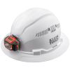 Hard Hat, Vented, Full Brim with Headlamp, White, Safety hard hat has patent-pending accessory mounts on front and back that ensure Klein Headlamps attach securely and precisely, every time — no straps or zip ties needed
