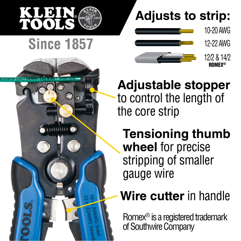 Heavy Duty Kleins Details about   Wire Stripper/Wire Cutter for Solid Self Adjusting comfort 