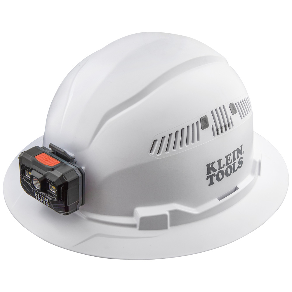 Hard Hat, Vented, Full Brim with Rechargeable Headlamp, White
