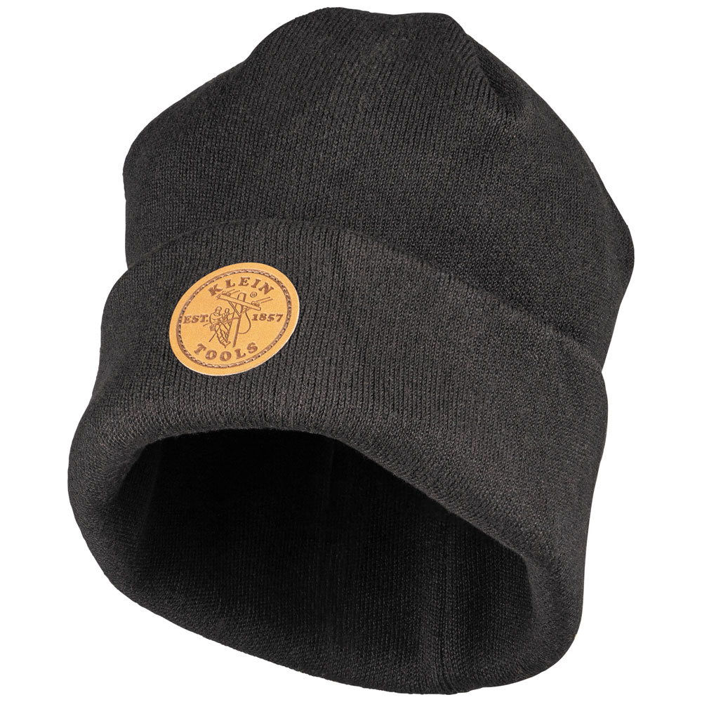 Heavy Knit Hat, Black, Leather Logo