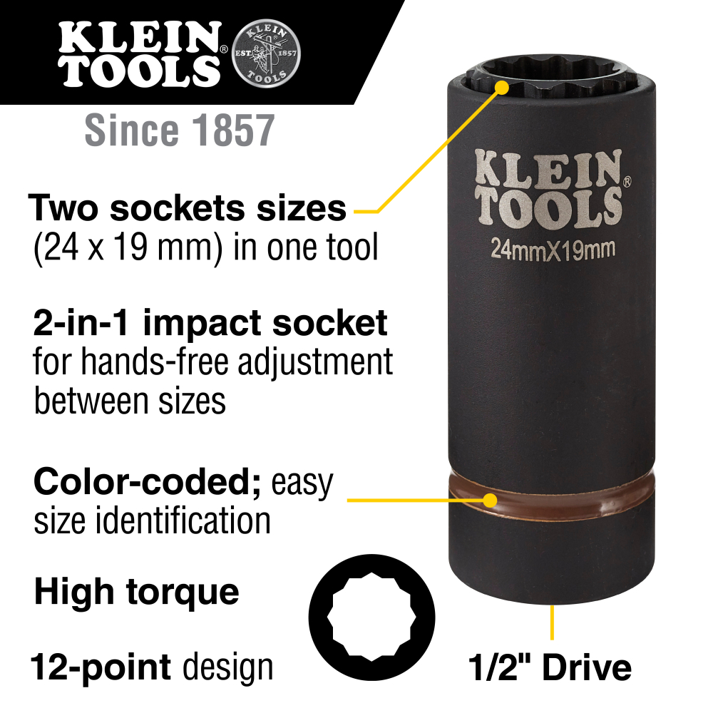 2-in-1 Metric Impact Socket, 12-Point, 24 x 19 mm - 66052E | Klein 