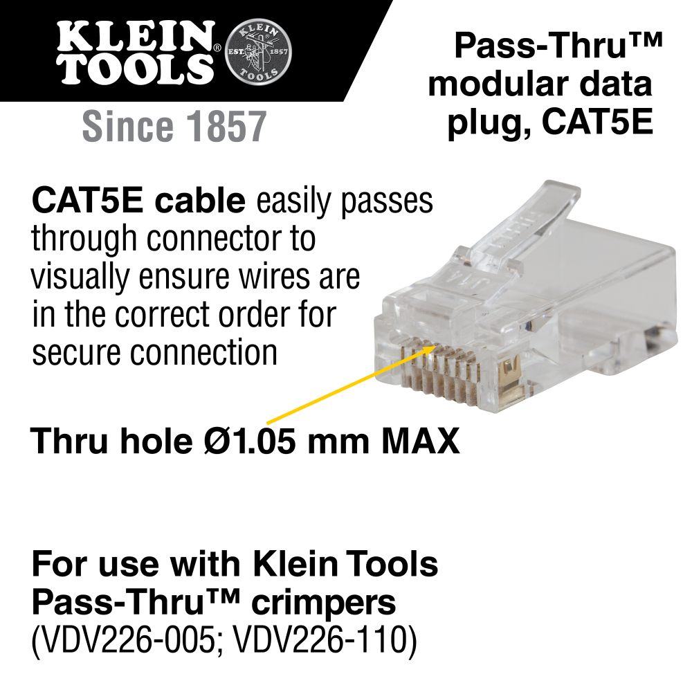 Details about   Klein Tools VDV826-728 Pass-Thru™ Modular Data Plugs 10-Pack RJ45-CAT5E