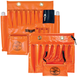 Aerial  Tool Aprons - Klein Tools’ line of Aerial Tool Aprons are made of high-viz orange material for easy visibility, meaning you can stay focused on finishing the job and not finding your tools. These versatile aprons feature multiple pockets, pouches, holders and hooks to organize your tools, and are durably constructed for a long life.