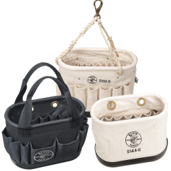 Oval Buckets - Klein Tools’ line of Oval Buckets are made from the toughest materials, so they can resist wear and tear on the jobsite. All the buckets feature numerous pockets for your tools and come in a variety of carrying options so you can choose which works best for your professional needs.