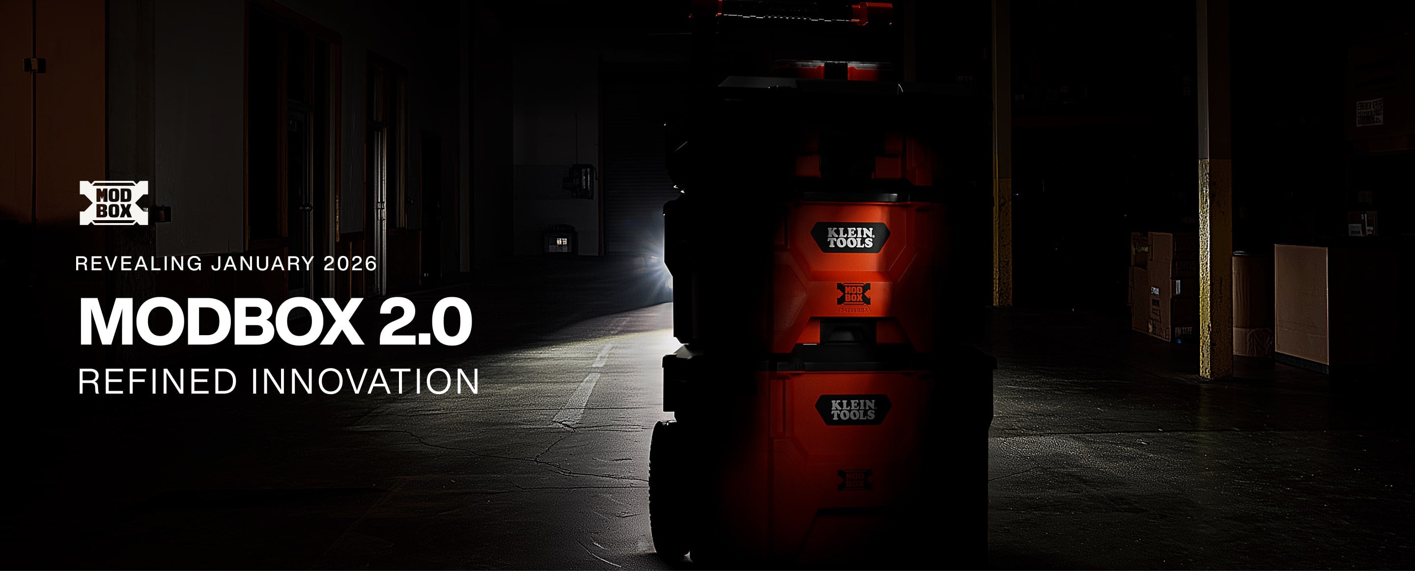 photo of MODbox product stack in garage with spotlight shining on it