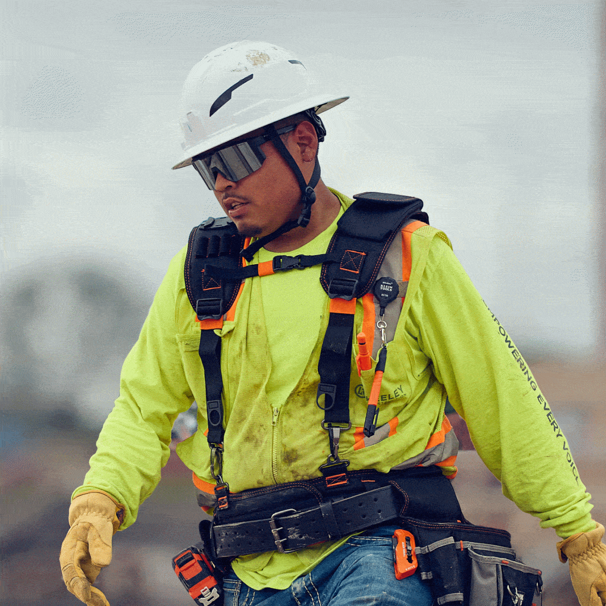 a photo collage cycling through various photos showing Klein Tools PPE equipment in use