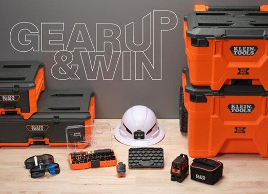Gear up and win promotion prize package showing the products included in the prize package including MODbox items, a hard hat, safety glasses, a KNECT set, a mini speaker, and a laser level