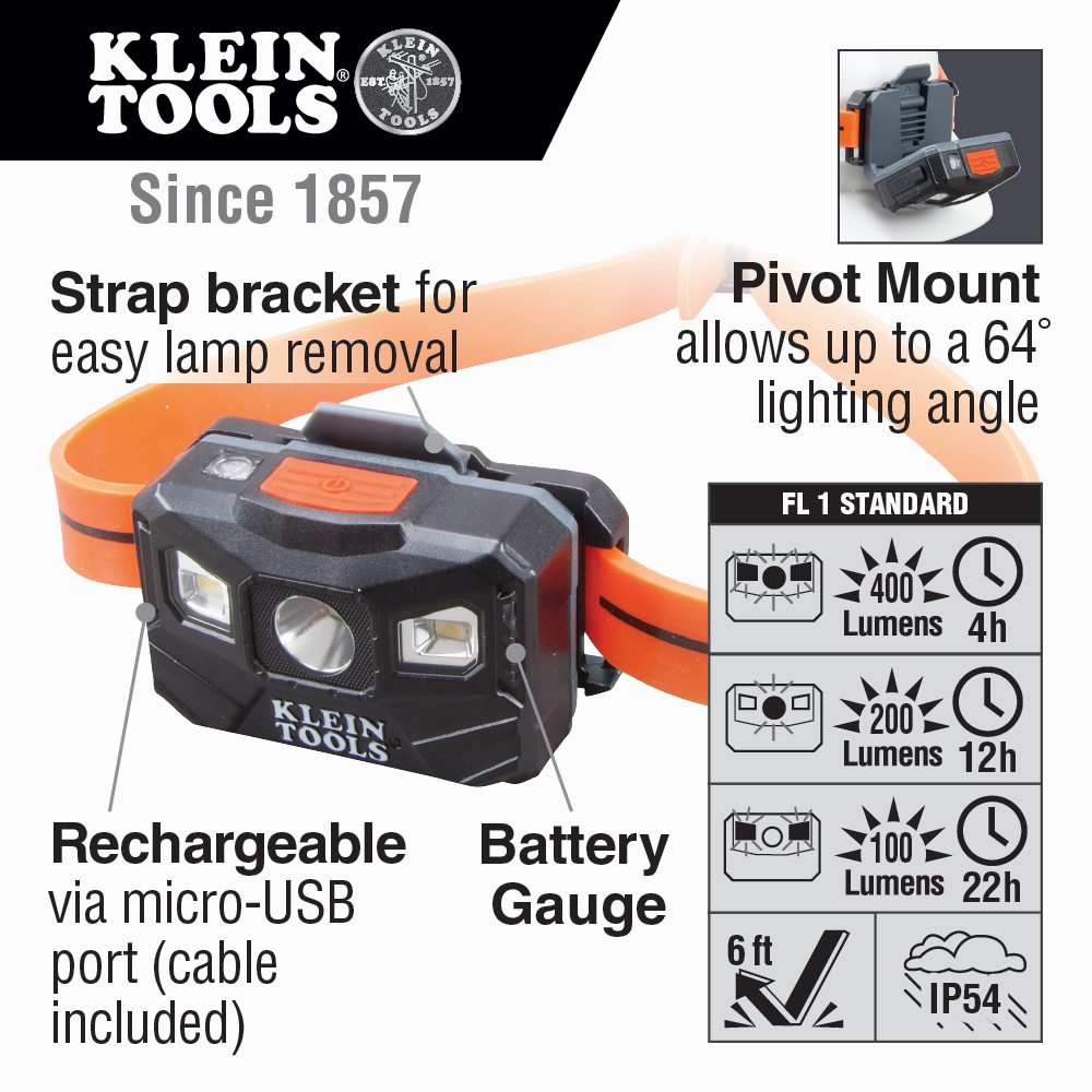 lengua Manuscrito para jugar Rechargeable Headlamp with Silicone Strap, 400 Lumens, All-Day Runtime -  56064 | Klein Tools