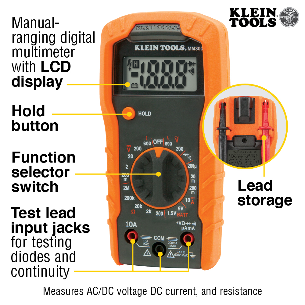 Digital Multimeter, Manual-Ranging, 600V - MM300 | Klein Tools