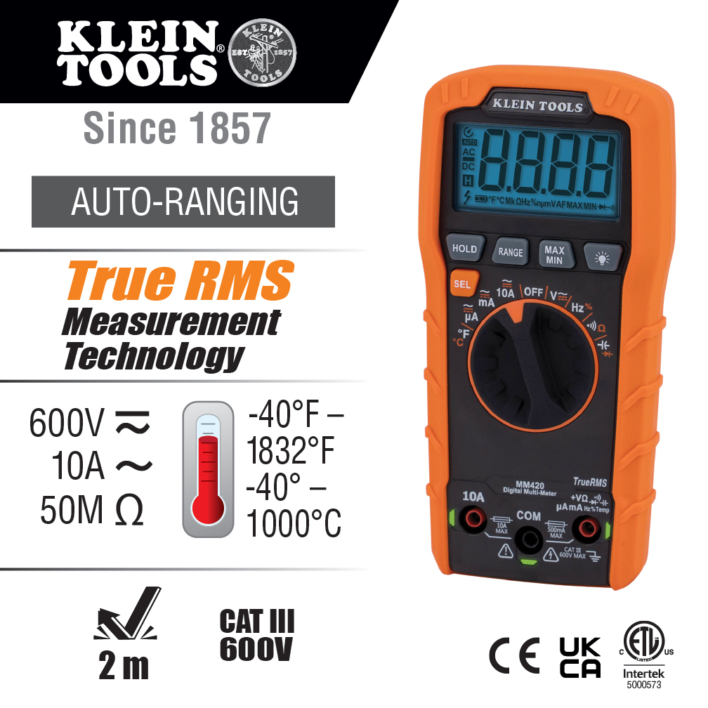 Digital Multimeter, TRMS Auto-Ranging, 600V, Temp - MM420 | Klein